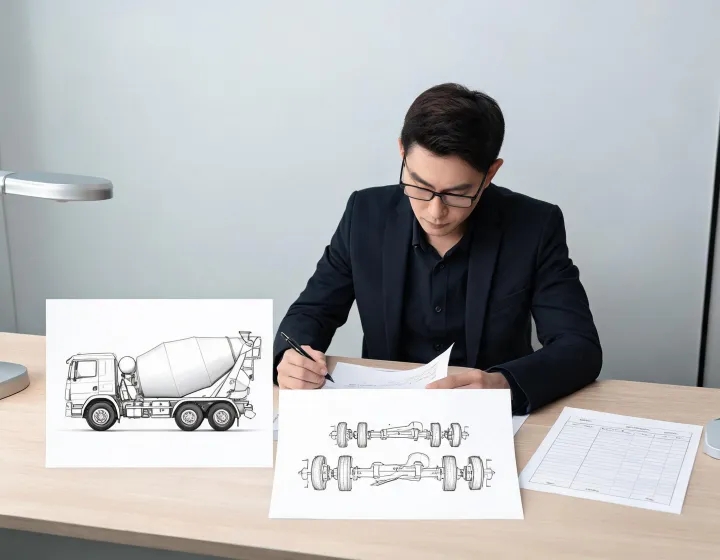 Procurement analyst reviewing mixer truck documents