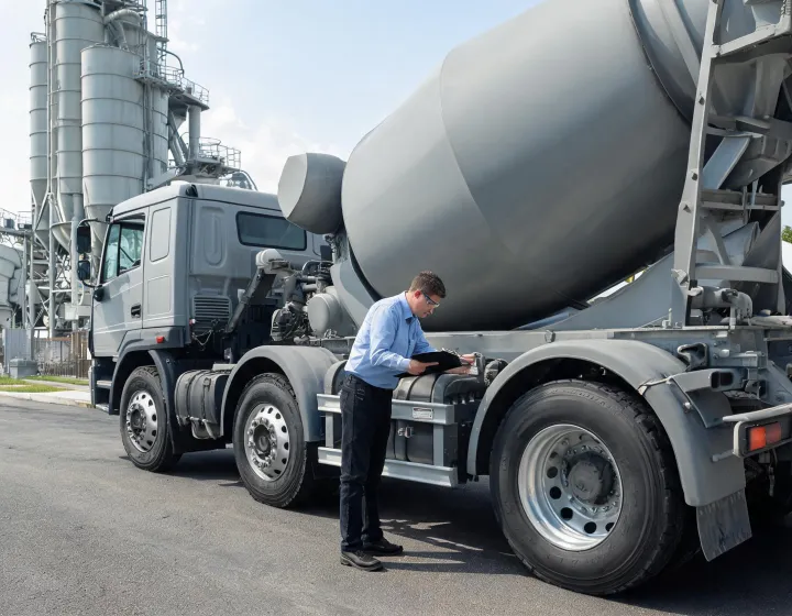 Concrete mixer truck at a batch plant inspection lane